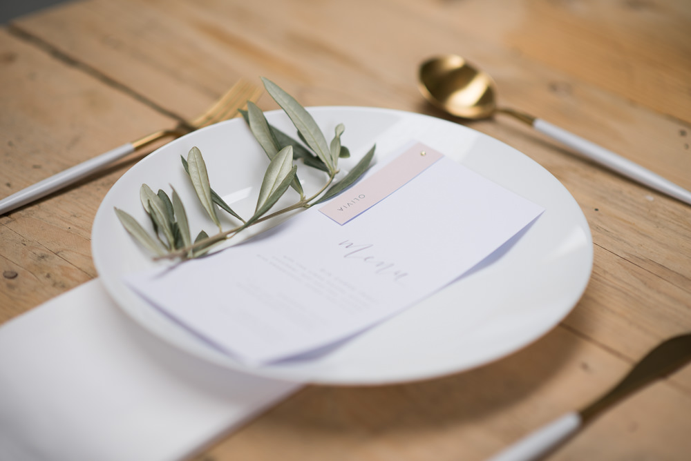 Place Setting Greenery Stationery Menu Calligraphy Pink Minimalist Wedding Ideas Nicola Belson Photography