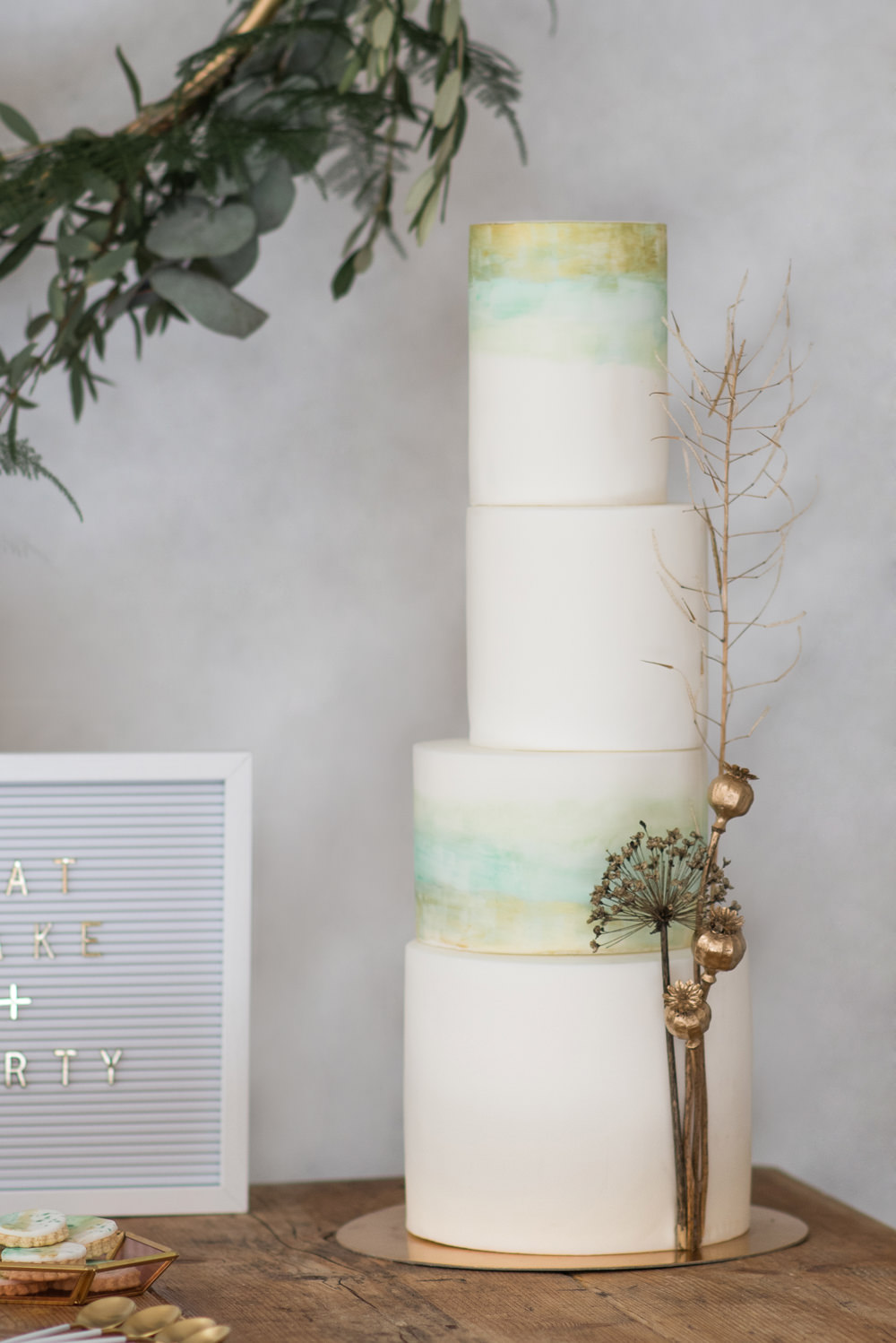 Cake Iced Tall Green Gold Painted Watercolour Flower Heads Minimalist Wedding Ideas Nicola Belson Photography
