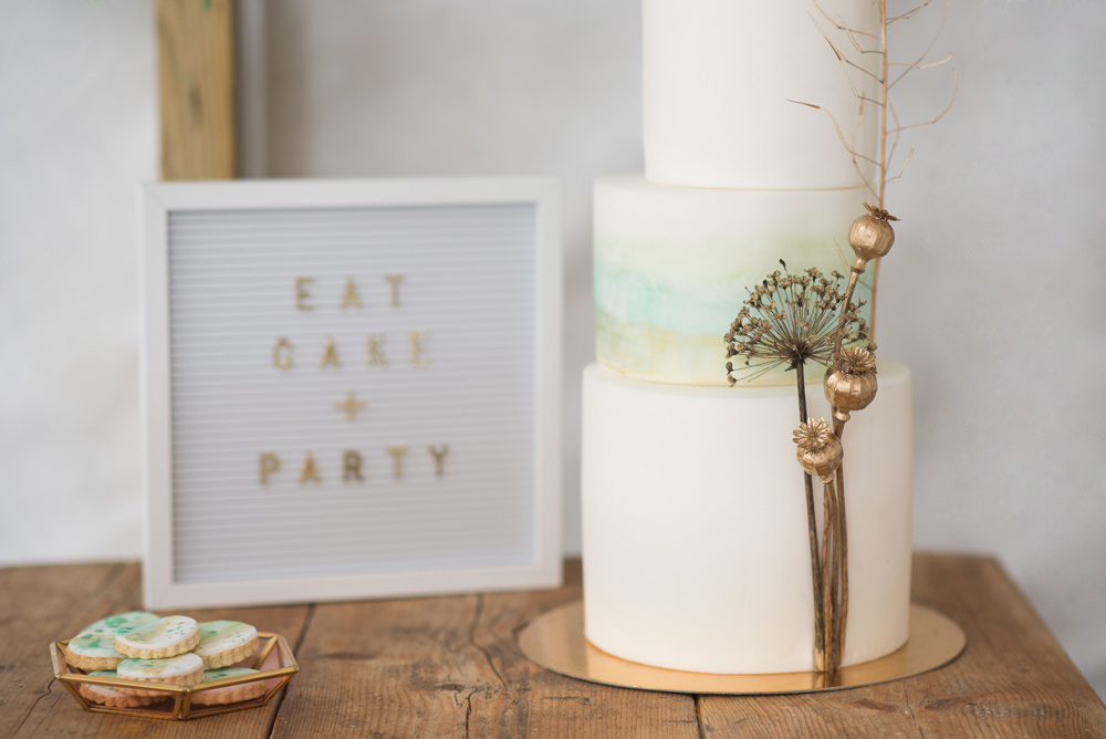 Cake Iced Tall Green Gold Painted Watercolour Flower Heads Minimalist Wedding Ideas Nicola Belson Photography