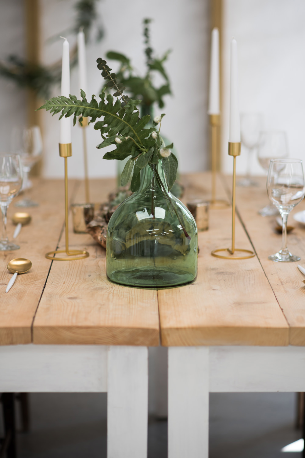 Green Bottle Vase Flowers Greenery Foliage Flowers Candes Table Tablescape Decor Decoration Minimalist Wedding Ideas Nicola Belson Photography