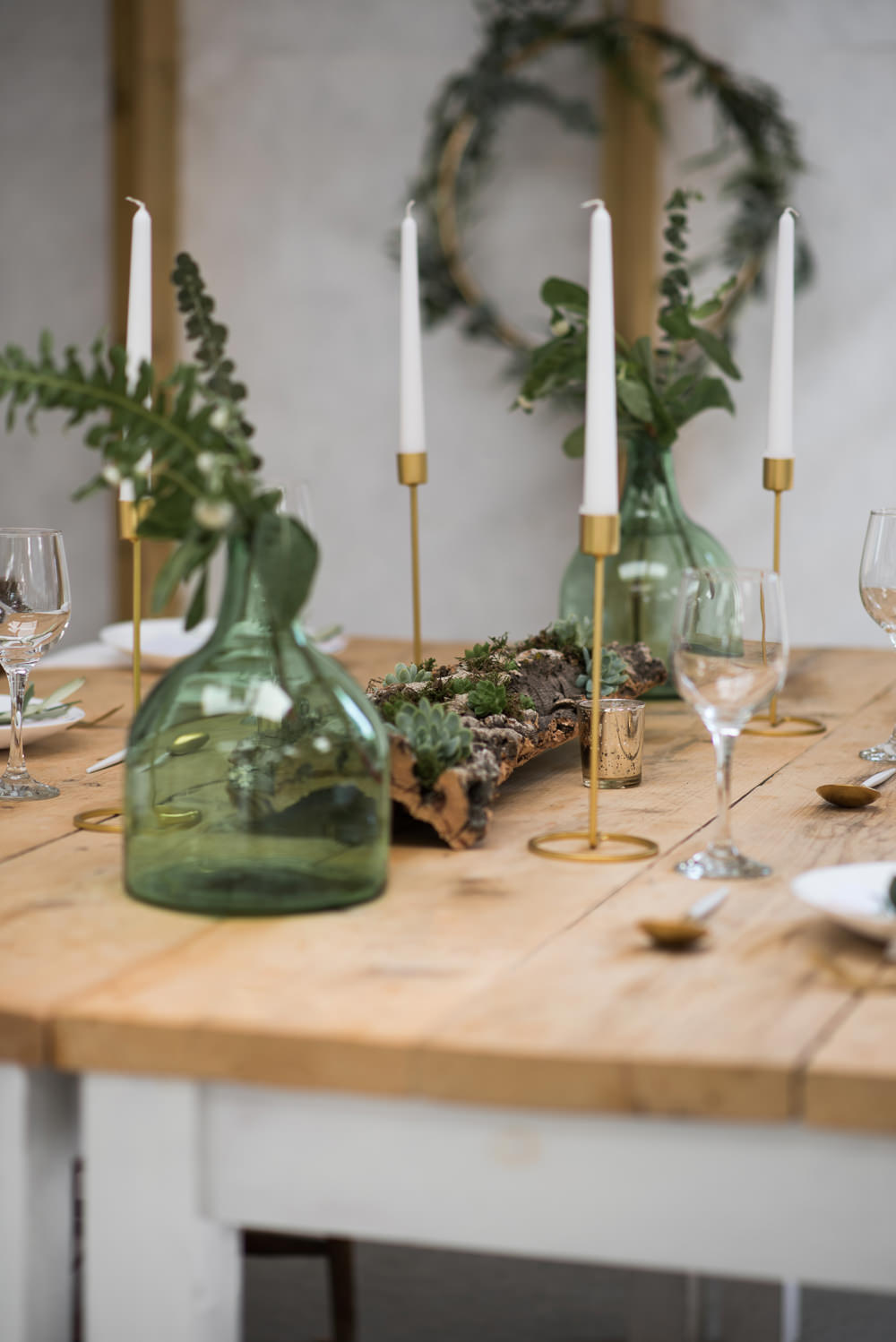 Green Bottle Vase Flowers Greenery Foliage Flowers Candes Table Tablescape Decor Decoration Minimalist Wedding Ideas Nicola Belson Photography