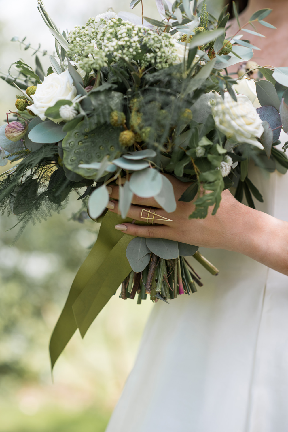Bride Bridal Bouquet Flowers Grenery Foliage Ribbon Eucalyptus Fern Seeds Rose Minimalist Wedding Ideas Nicola Belson Photography