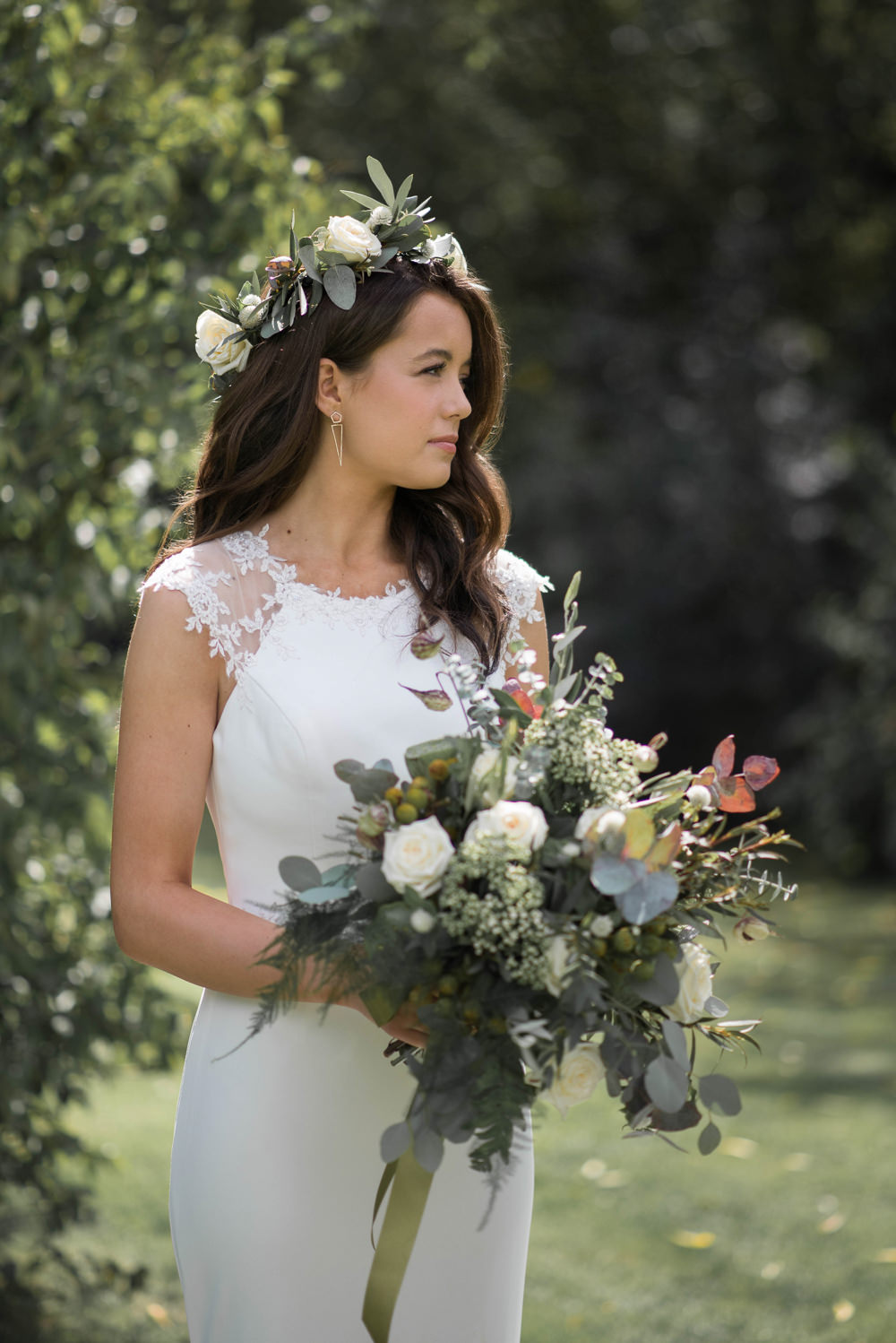 Bride Bridal Bouquet Flowers Grenery Foliage Ribbon Eucalyptus Fern Seeds Rose Minimalist Wedding Ideas Nicola Belson Photography