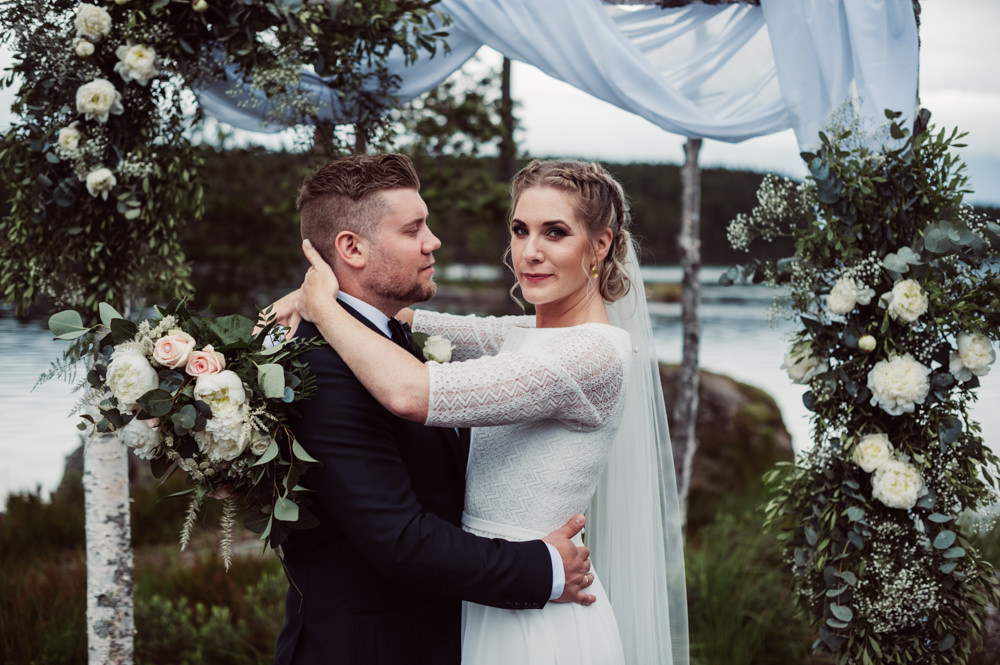 Outdoor Ceremony Backdrop Flower Arch Fabric Greenery Foliage Aisle Norway Wedding Maximilian Photography