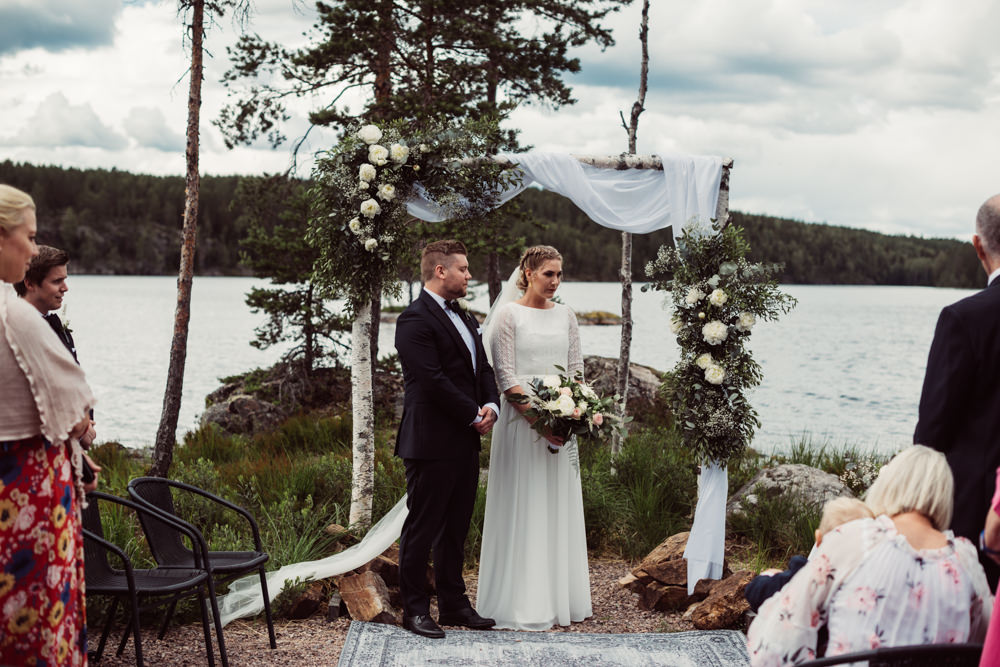 Outdoor Ceremony Backdrop Flower Arch Fabric Greenery Foliage Aisle Norway Wedding Maximilian Photography