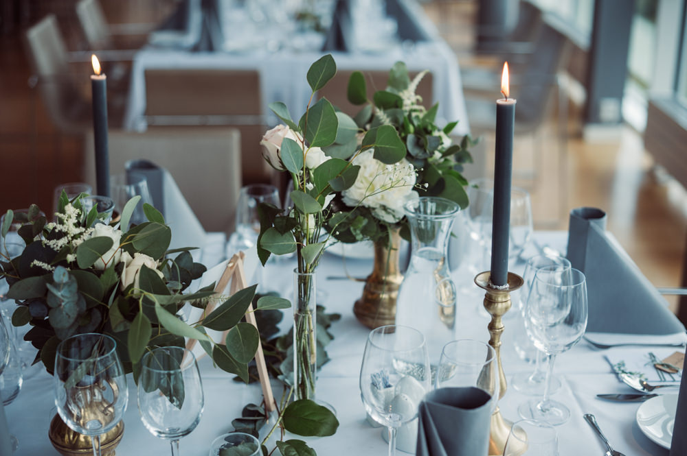 Table Flowers Centrepiece Decor Candles Greenery Foliage Norway Wedding Maximilian Photography