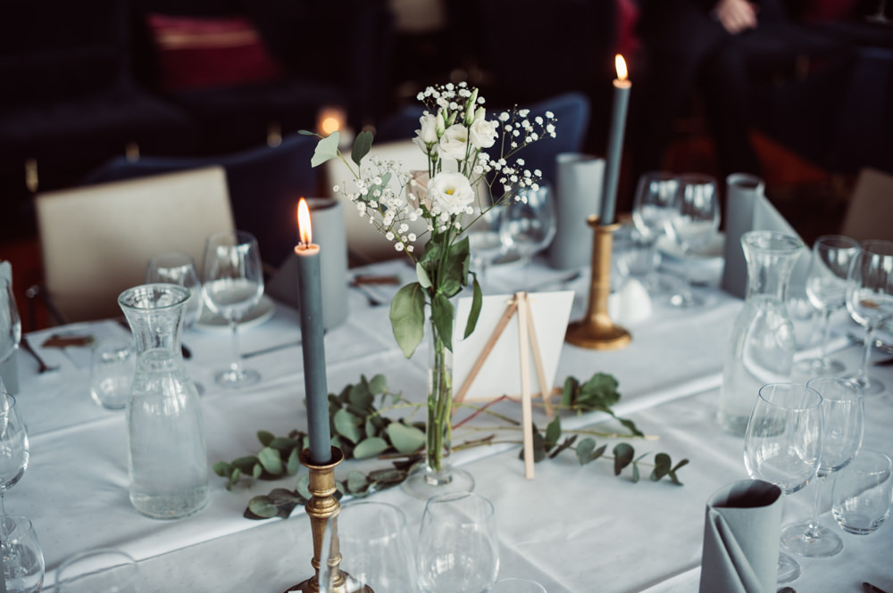 Table Flowers Centrepiece Decor Candles Greenery Foliage Norway Wedding Maximilian Photography