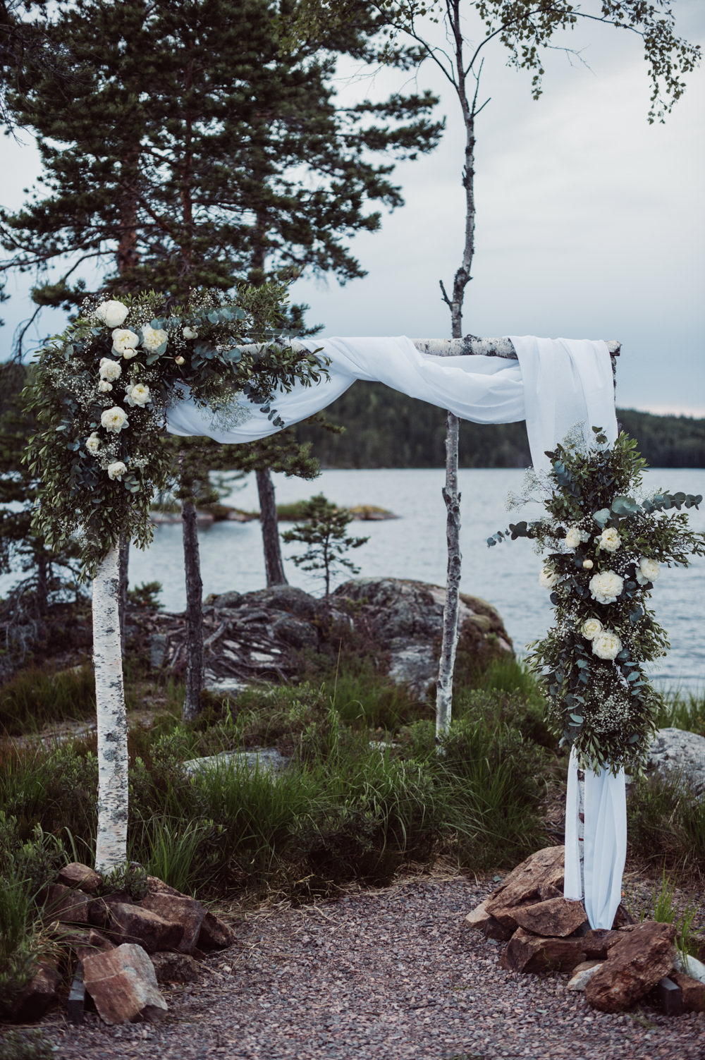 Outdoor Ceremony Backdrop Flower Arch Fabric Greenery Foliage Aisle Norway Wedding Maximilian Photography