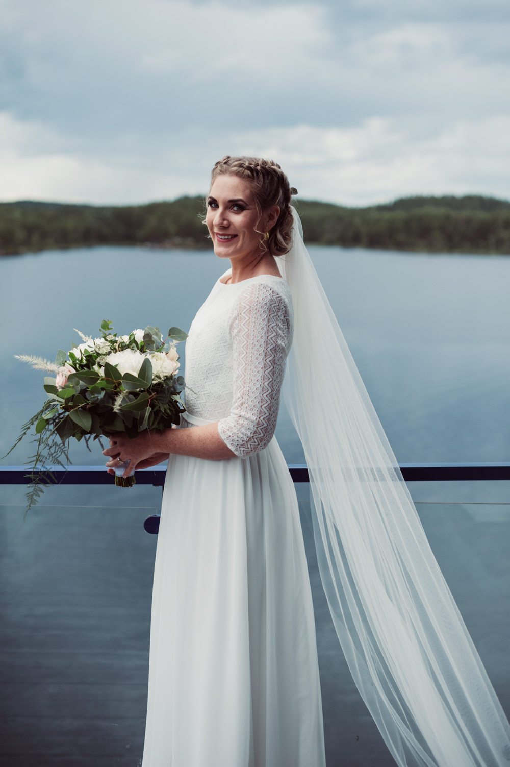 Bride Bridal Dress Gown Long Sleeves Lace Veil Norway Wedding Maximilian Photography