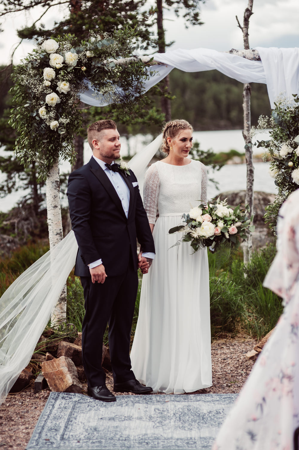 Outdoor Ceremony Backdrop Flower Arch Fabric Greenery Foliage Aisle Norway Wedding Maximilian Photography