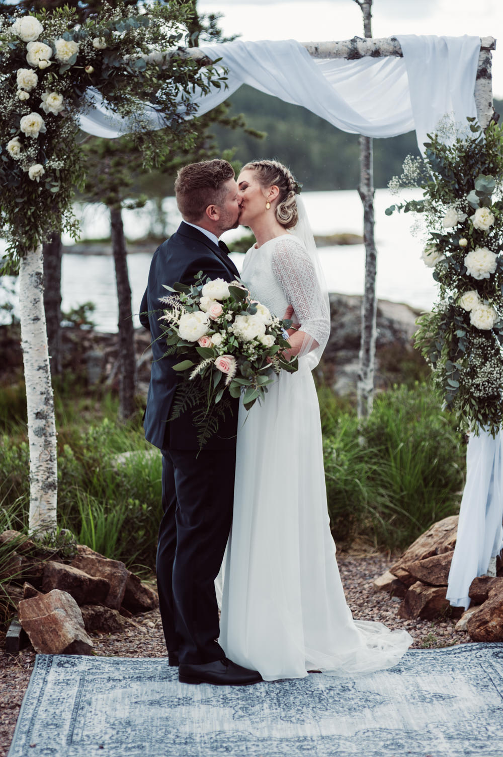Outdoor Ceremony Backdrop Flower Arch Fabric Greenery Foliage Aisle Norway Wedding Maximilian Photography