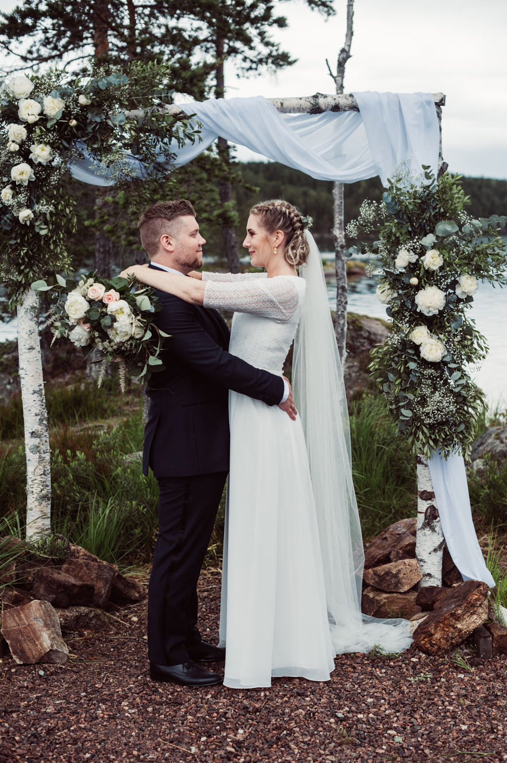Outdoor Ceremony Backdrop Flower Arch Fabric Greenery Foliage Aisle Norway Wedding Maximilian Photography