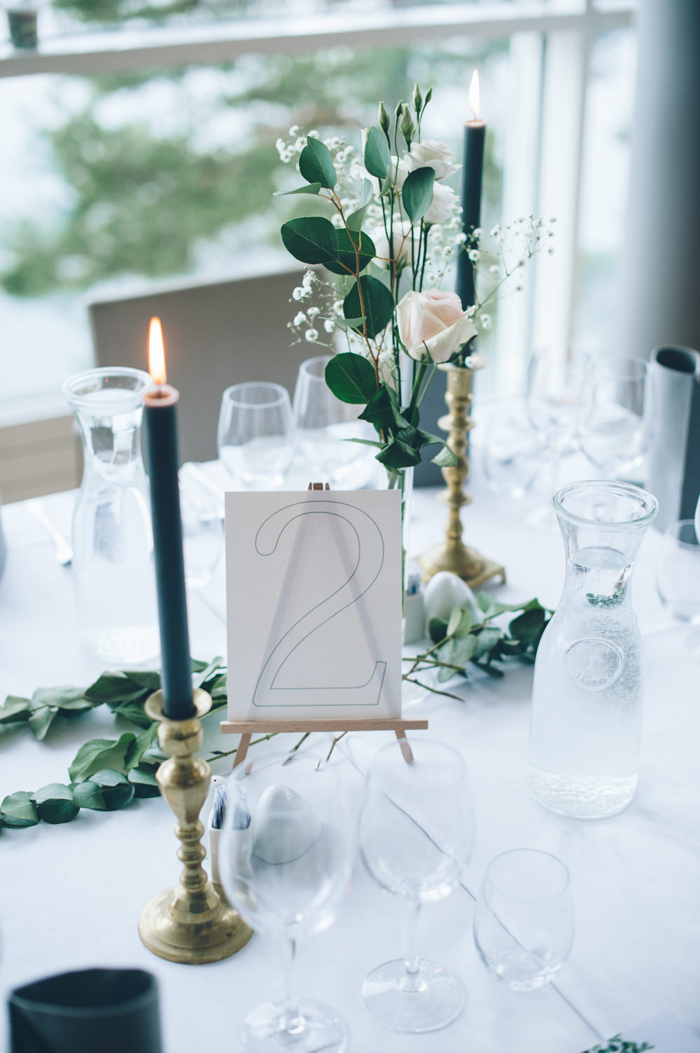 Table Flowers Centrepiece Decor Candles Greenery Foliage Norway Wedding Maximilian Photography