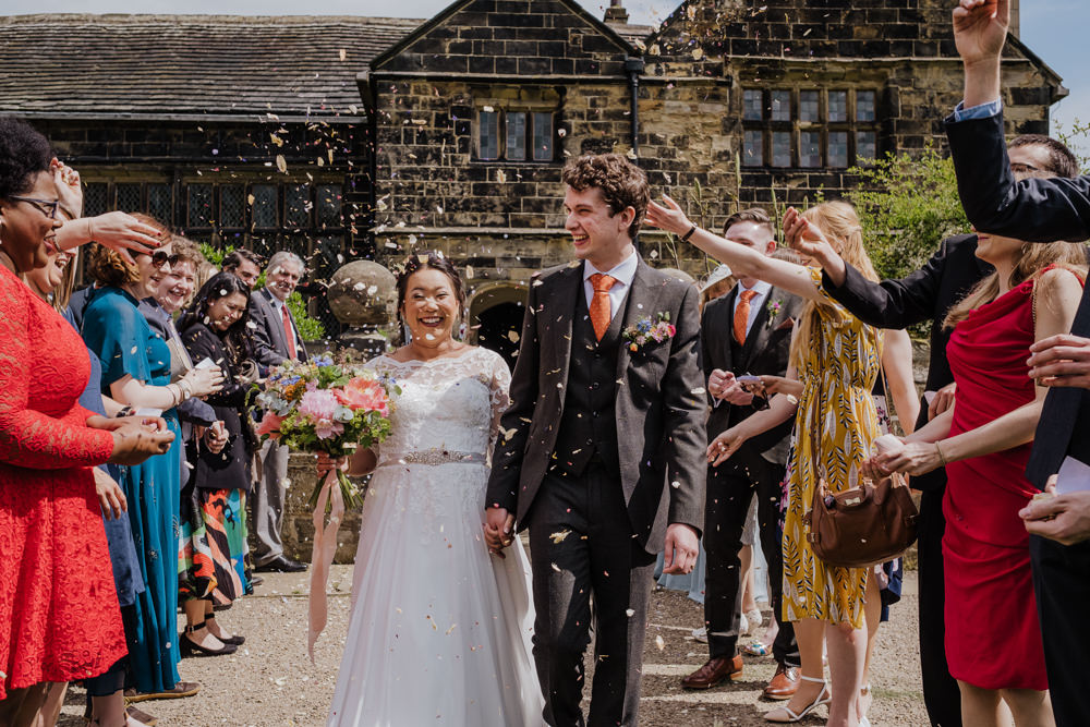 Bride Bridal Lace Long Sleeve Full Skirt Olive Suit Groom Peony Multicoloured Bouquet Confetti Oakwell Hall Wedding Jenna Kathleen Photographer