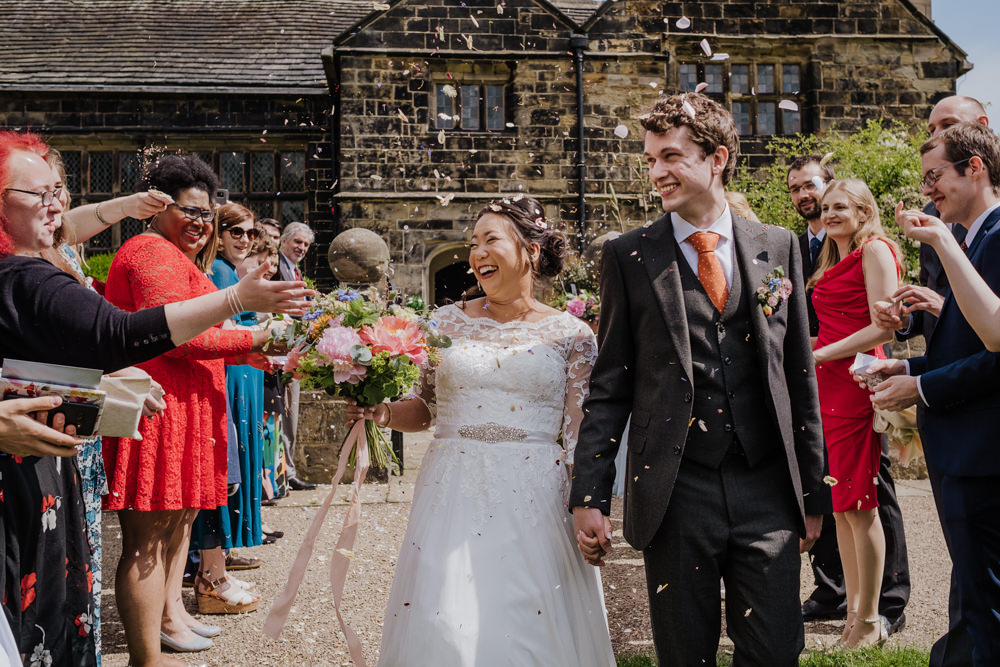 Bride Bridal Lace Long Sleeve Full Skirt Olive Suit Groom Peony Multicoloured Bouquet Confetti Oakwell Hall Wedding Jenna Kathleen Photographer