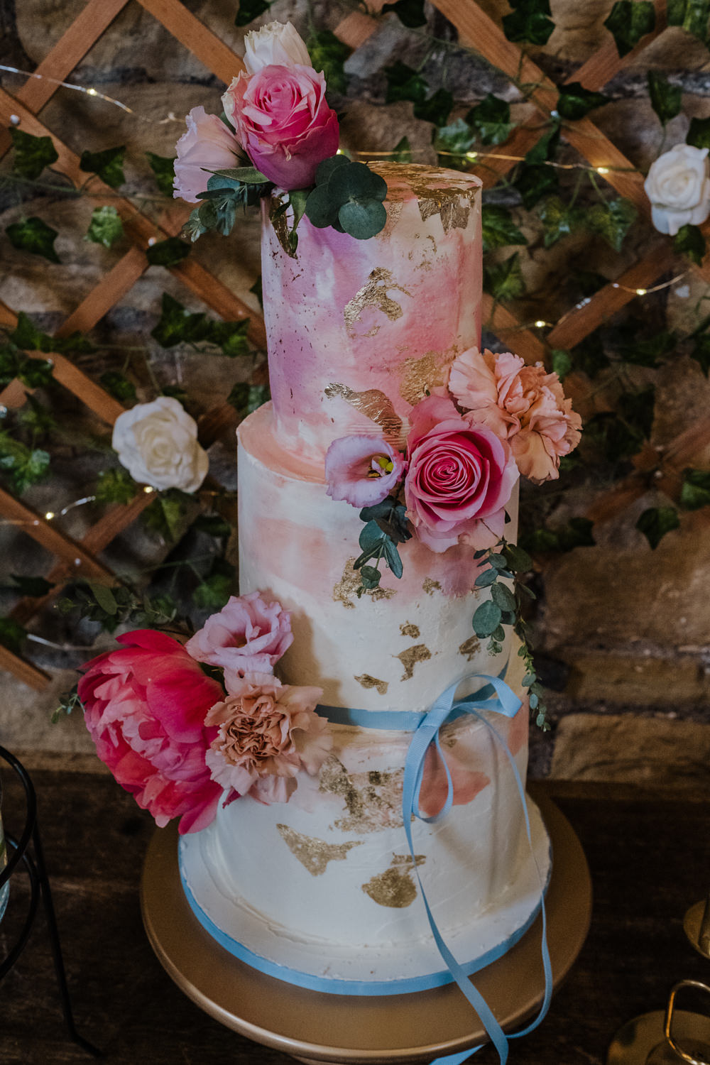 Cake Gold Leaf Flowers Florals Pink Ribbon Oakwell Hall Wedding Jenna Kathleen Photographer