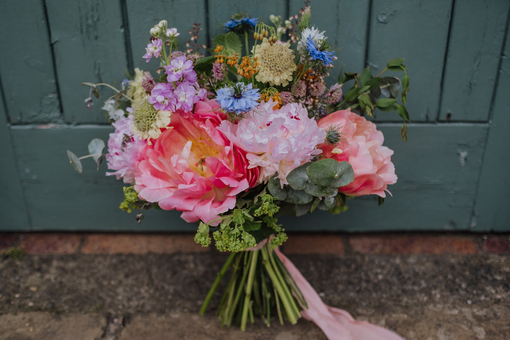 Bride Bridal Peony Bouquet Wildflowers Multicoloured Ribbon Oakwell Hall Wedding Jenna Kathleen Photographer