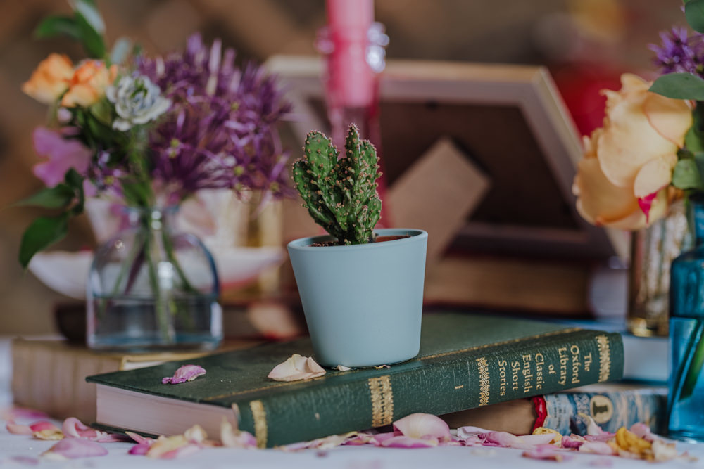 Table Centre Centrepiece Flowers Floral Cactus Books Oakwell Hall Wedding Jenna Kathleen Photographer