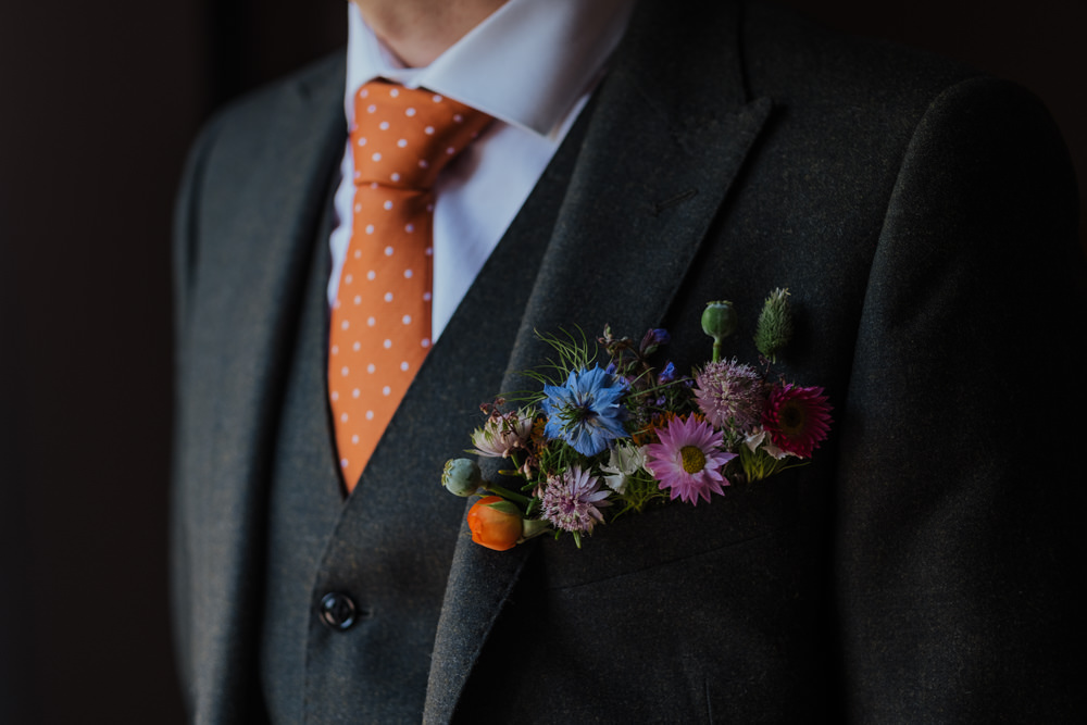 Groom Olive Three Piece Suit Waistcoat Pocket Meadow Buttonhole Alternative Orange Spotty Dotty Tie Oakwell Hall Wedding Jenna Kathleen Photographer