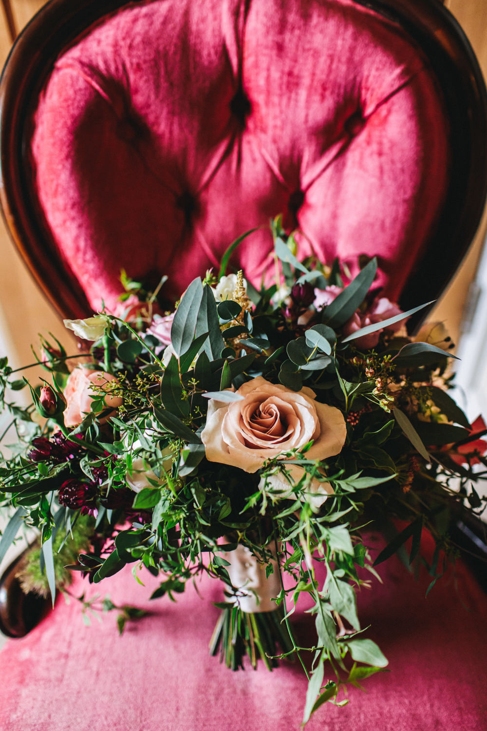 Bouquet Flowers Bride Bridal Greenery Foliage Sweetpeas Freesias Peony Rose Burgundy Pink Outbuildings Wedding Jessica O'Shaughnessy Photography