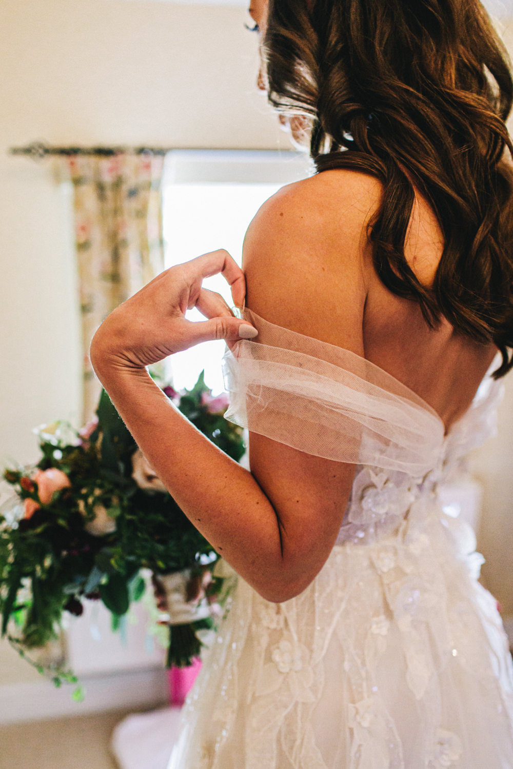 Dress Gown Bride Bridal Off Shoulder Bardot Tulle Floaty Mira Zwillinger Outbuildings Wedding Jessica O'Shaughnessy Photography