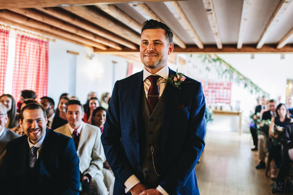 Groom Suit Blue Check Waistcoat Red Burgundy Tie Outbuildings Wedding Jessica O'Shaughnessy Photography
