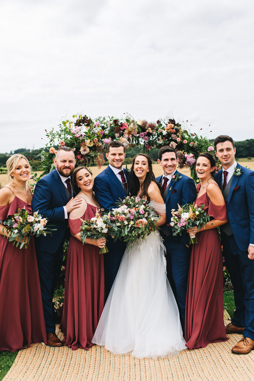 Bridesmaid Dress Bridesmaids Dresses Red Burgundy Groomsmen Suit Blue Check Waistcoat Red Burgundy Outbuildings Wedding Jessica O'Shaughnessy Photography