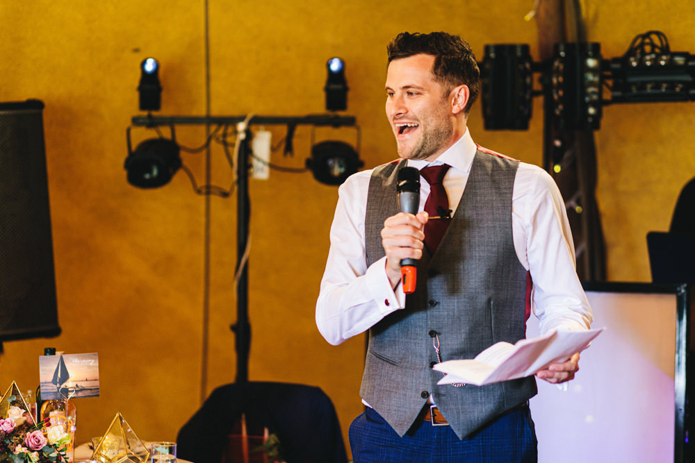 Groom Suit Blue Check Waistcoat Red Burgundy Tie Outbuildings Wedding Jessica O'Shaughnessy Photography