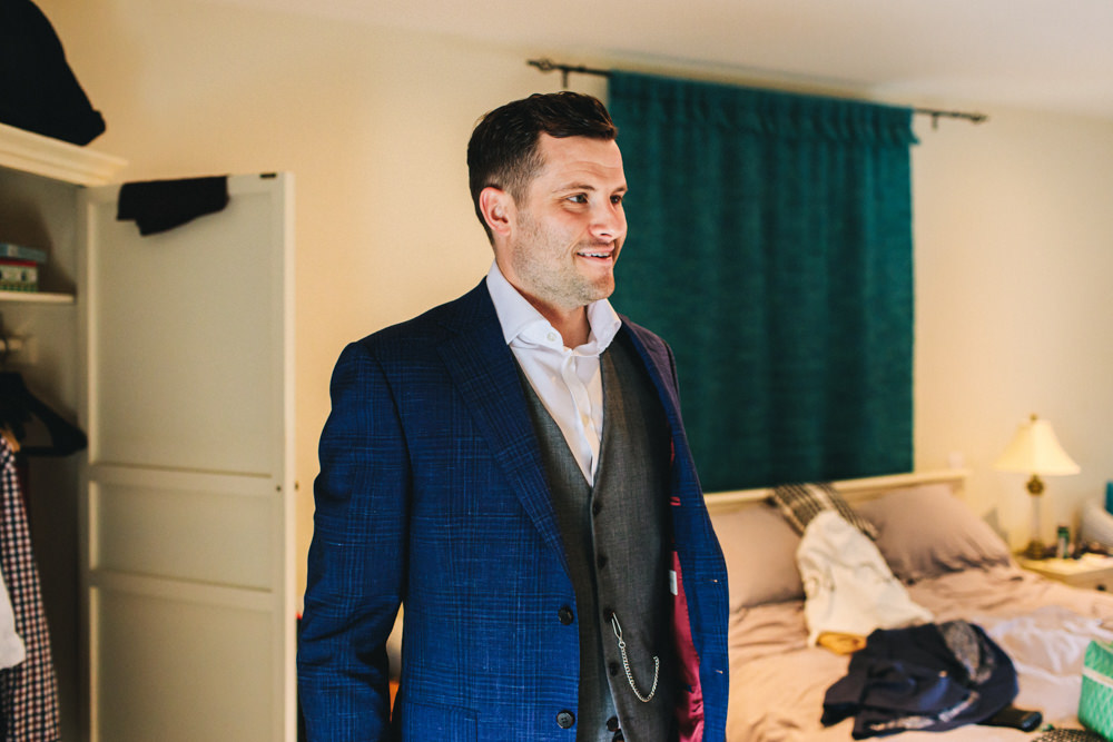 Groom Suit Blue Check Waistcoat Red Burgundy Tie Outbuildings Wedding Jessica O'Shaughnessy Photography