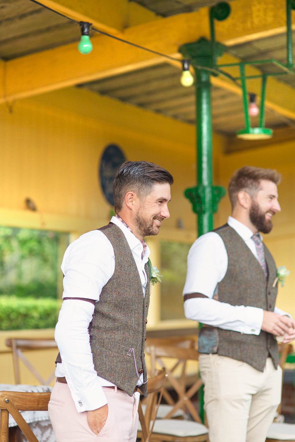 Groom Suit Tweed Waistcoat Pink Trousers Chinos Cravat Railway Station Wedding Cotton Candy Weddings