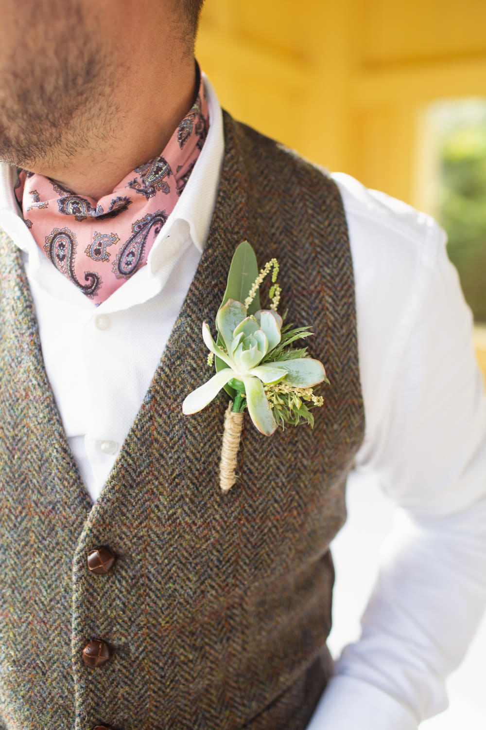 Groom Suit Tweed Waistcoat Pink Trousers Chinos Cravat Succulent Buttonhole Railway Station Wedding Cotton Candy Weddings
