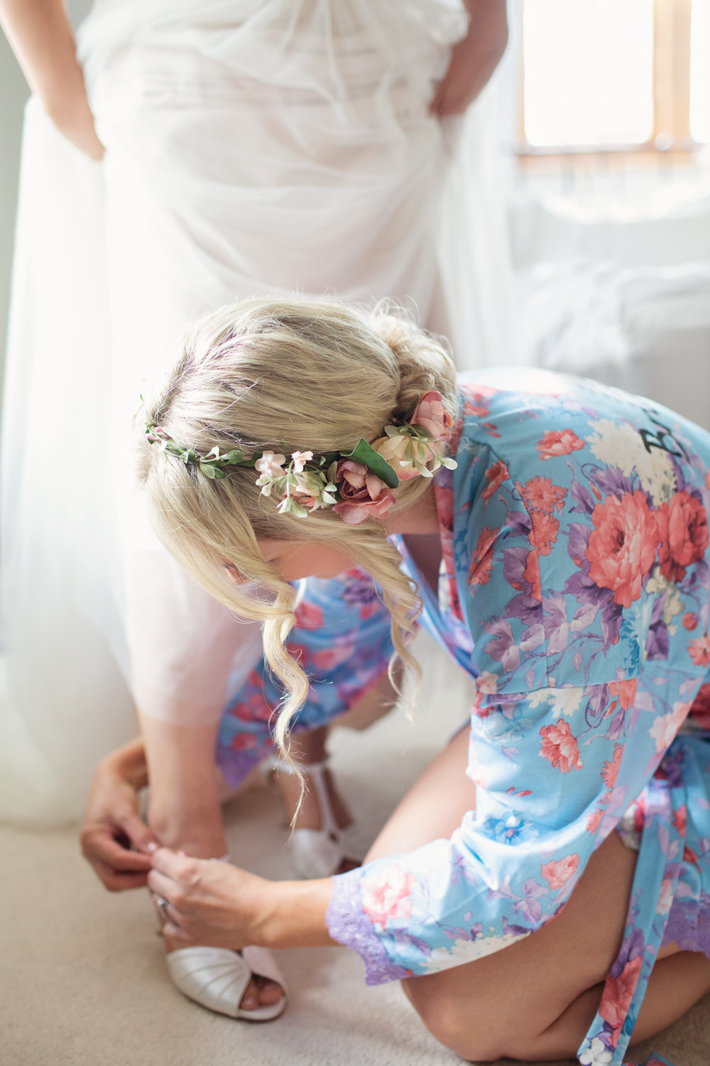 Bridesmaid Bridesmaids Dressing Gown Robe Hair Style Up Do Hair Vine Accessory Flower Crown Railway Station Wedding Cotton Candy Weddings