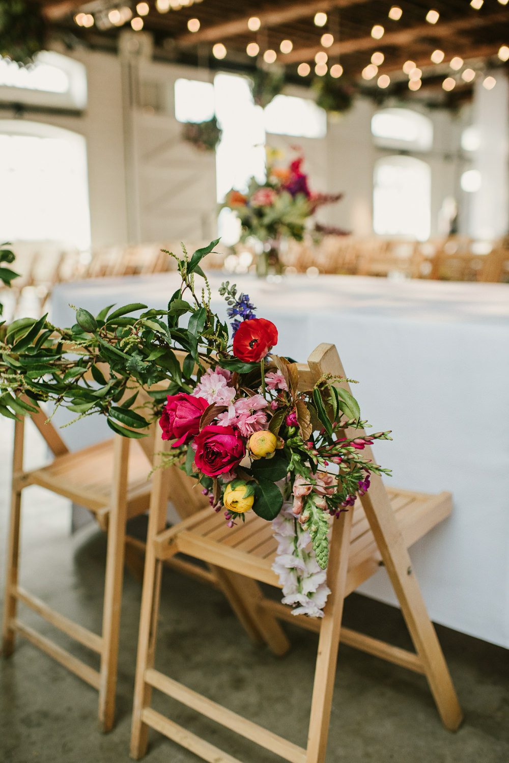 Chair Flowers Decor Spring Coral Peony Natural Wild Colourful Riverside London Wedding Ellie Gillard Photography