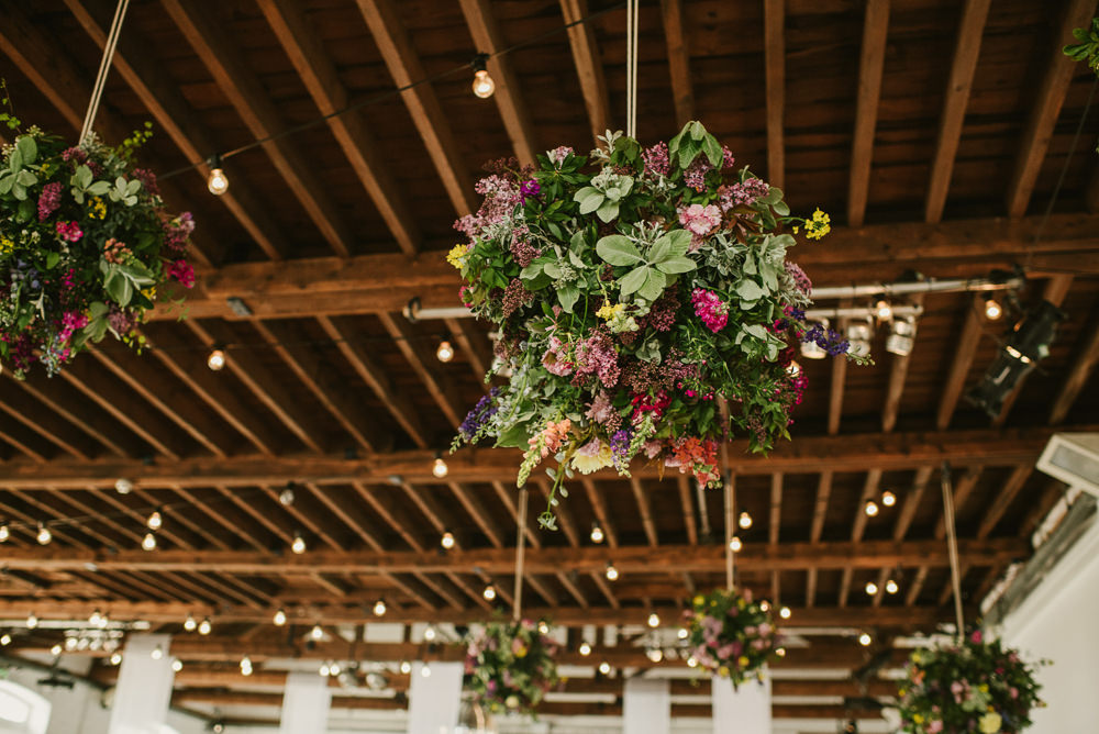Ceiling Hanging Suspended Flowers Decor Spring Coral Peony Natural Wild Colourful Riverside London Wedding Ellie Gillard Photography