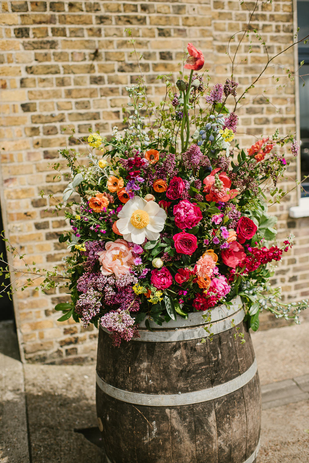 Barrel Flowers Decor Spring Coral Peony Natural Wild Colourful Riverside London Wedding Ellie Gillard Photography
