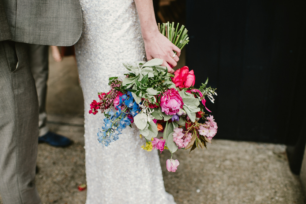 Bouquet Flowers Bride Bridal Colourful Spring Rose Peony Sweet Peas Riverside London Wedding Ellie Gillard Photography