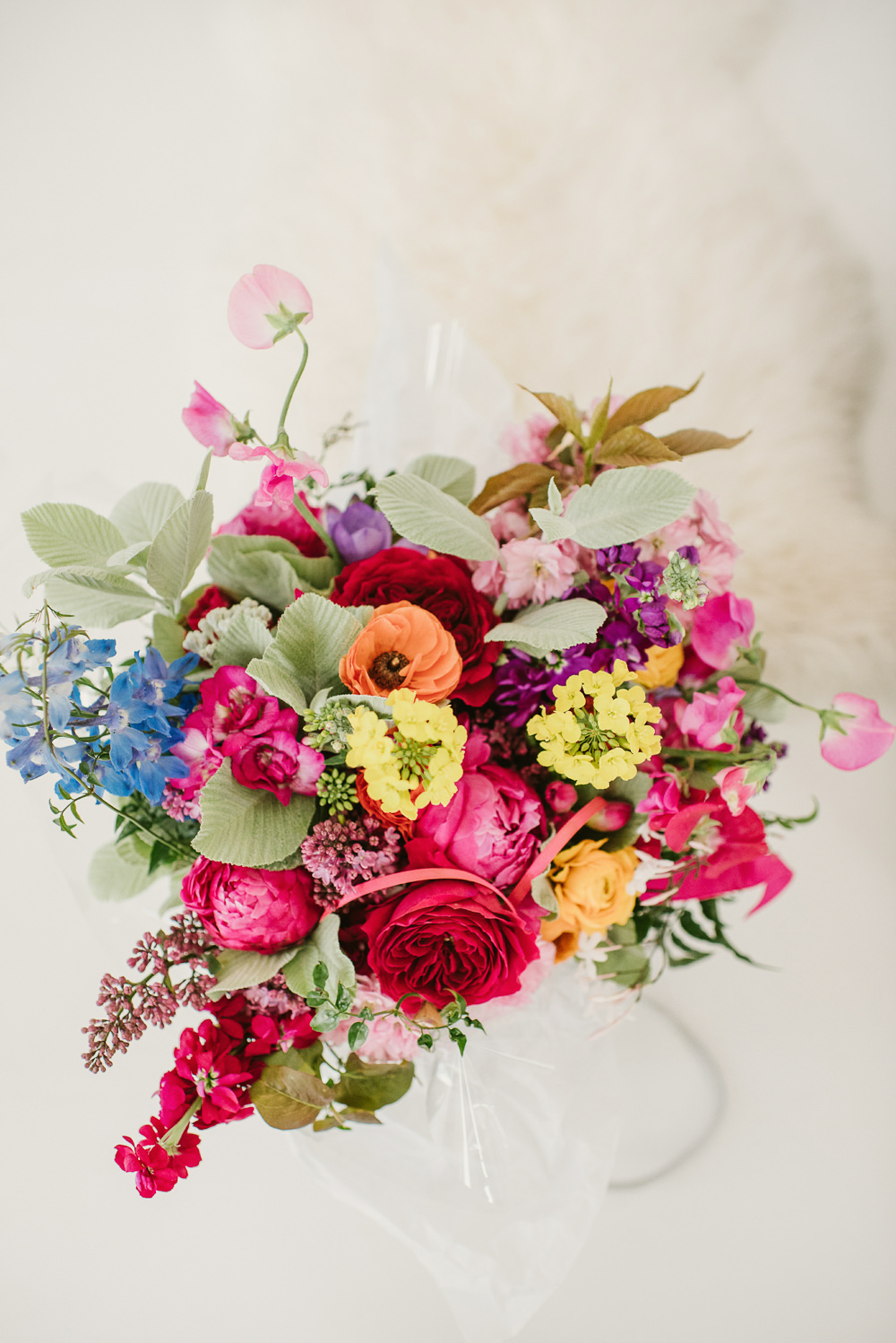 Bouquet Flowers Bride Bridal Colourful Spring Rose Peony Sweet Peas Riverside London Wedding Ellie Gillard Photography