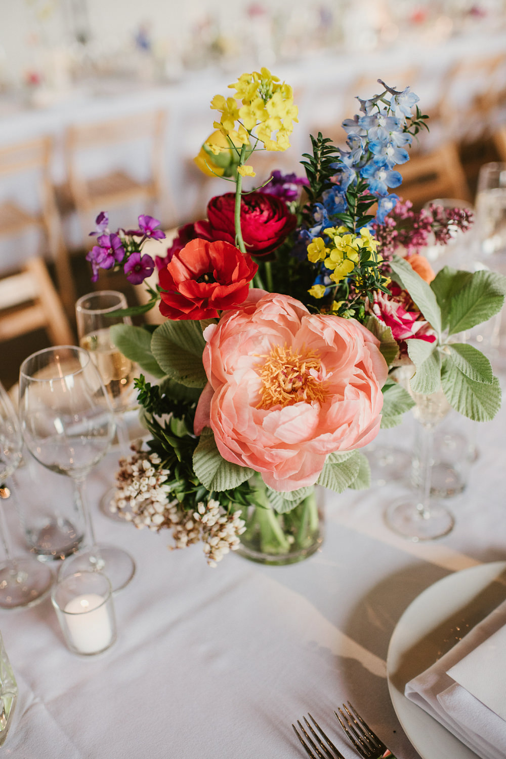 Bottle Flowers Table Decor Centrepiece Spring Coral Peony Natural Wild Colourful Riverside London Wedding Ellie Gillard Photography