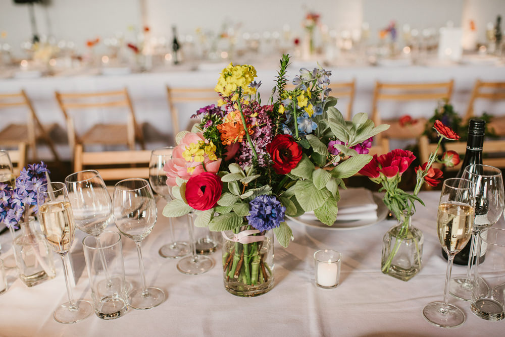 Bottle Flowers Table Decor Centrepiece Spring Coral Peony Natural Wild Colourful Riverside London Wedding Ellie Gillard Photography