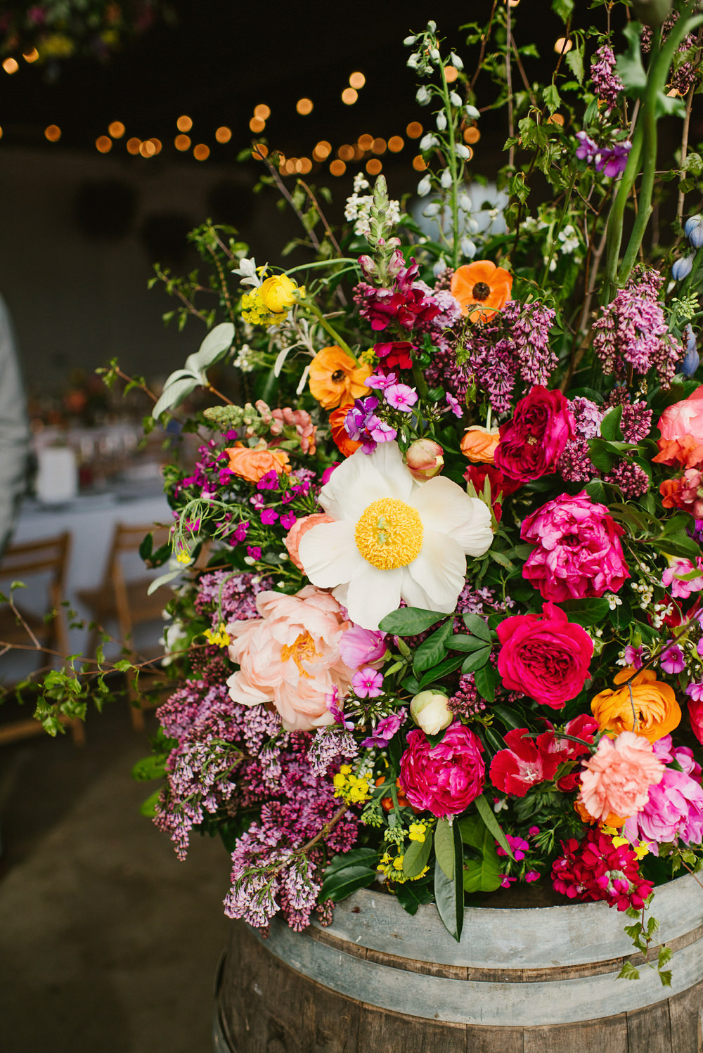 Barrel Flowers Decor Spring Coral Peony Natural Wild Colourful Riverside London Wedding Ellie Gillard Photography