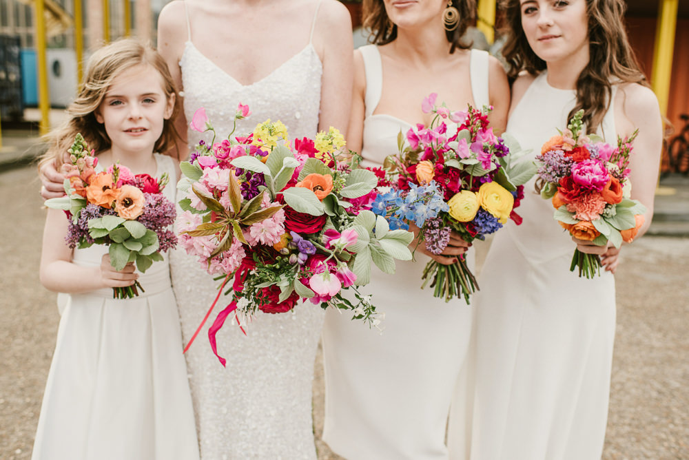 Bridesmaids Bridesmaid Dress Dresses White Colourful Bouquets Riverside London Wedding Ellie Gillard Photography