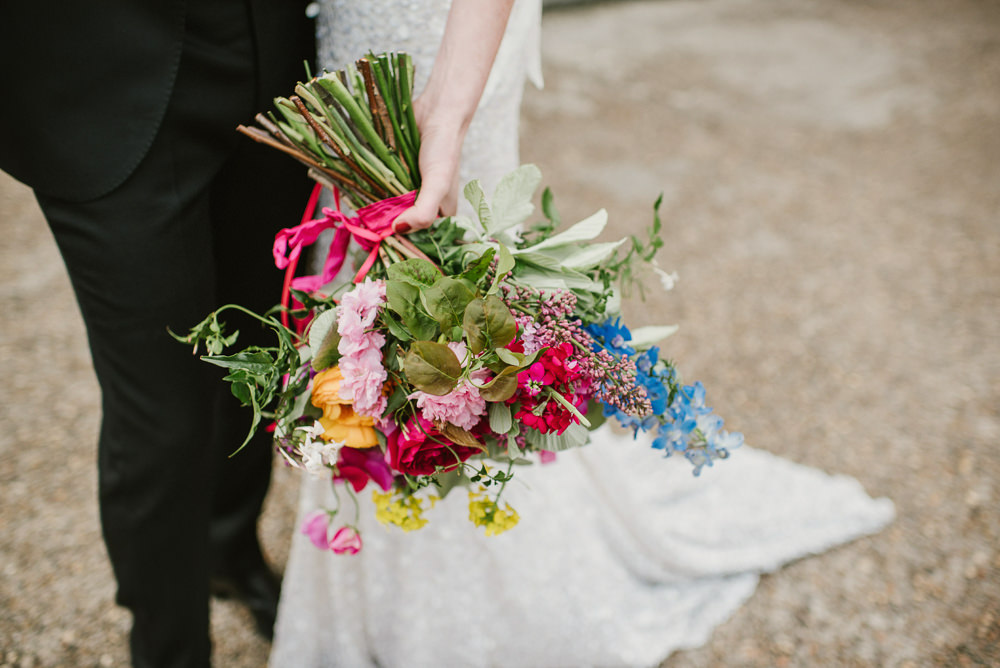 Bouquet Flowers Bride Bridal Colourful Spring Rose Peony Sweet Peas Riverside London Wedding Ellie Gillard Photography