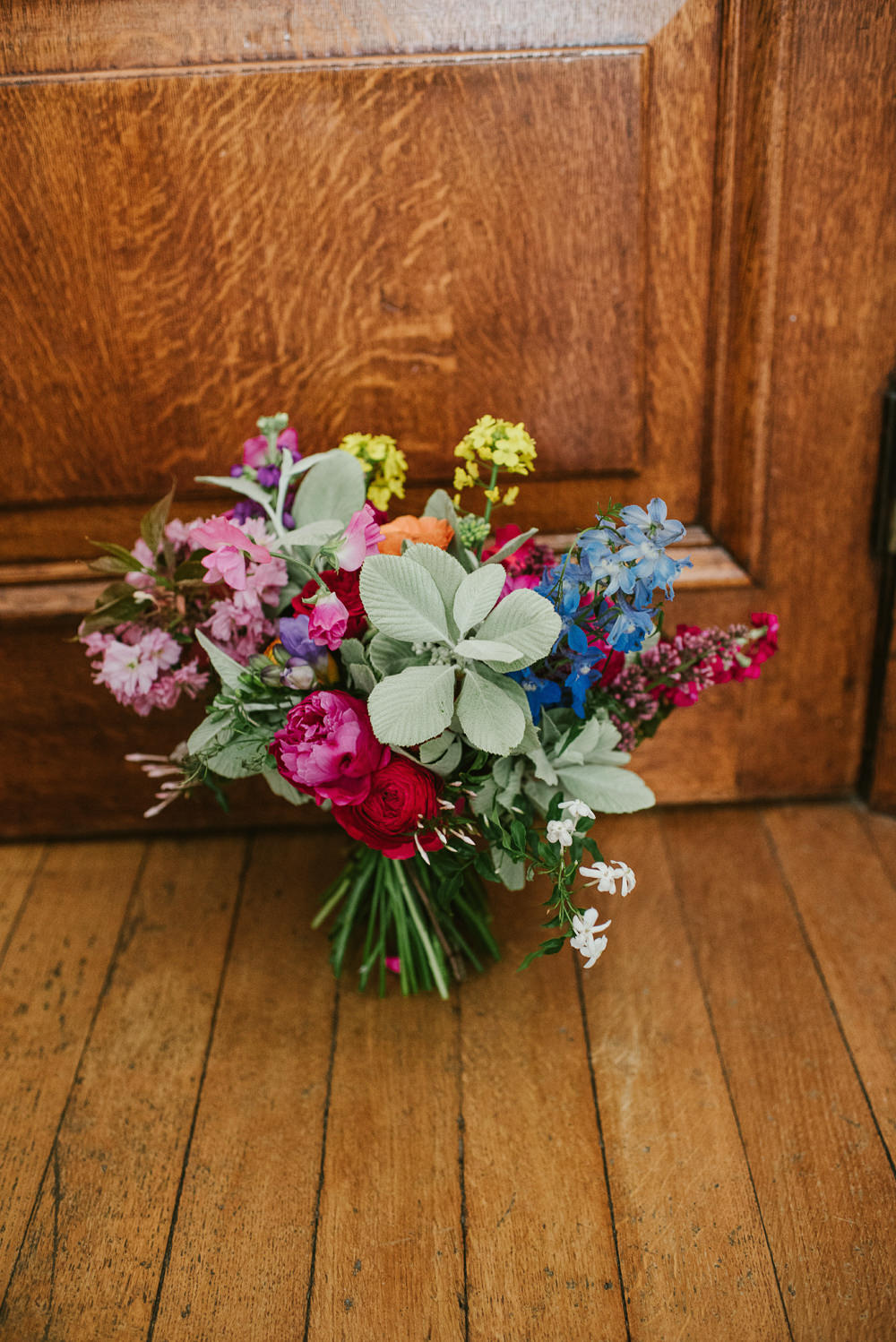 Bouquet Flowers Bride Bridal Colourful Spring Rose Peony Sweet Peas Riverside London Wedding Ellie Gillard Photography