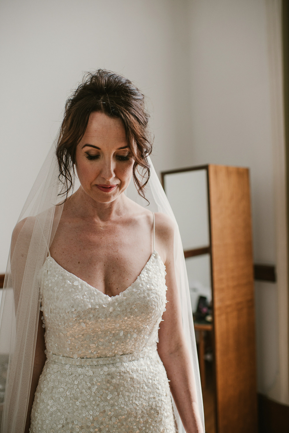 Karen Willis Holmes Sequin Dress Gown Bride Bridal Veil Riverside London Wedding Ellie Gillard Photography