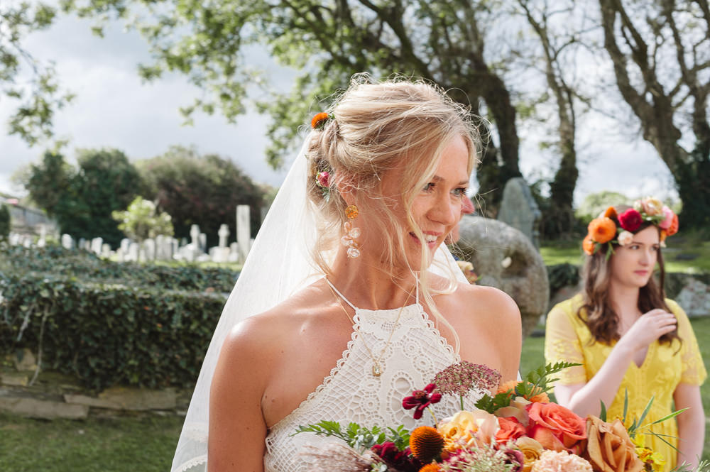 Bride Bridal Hair Style Up Do Flowers Veil Rock Wedding Cornwall Robin Studios