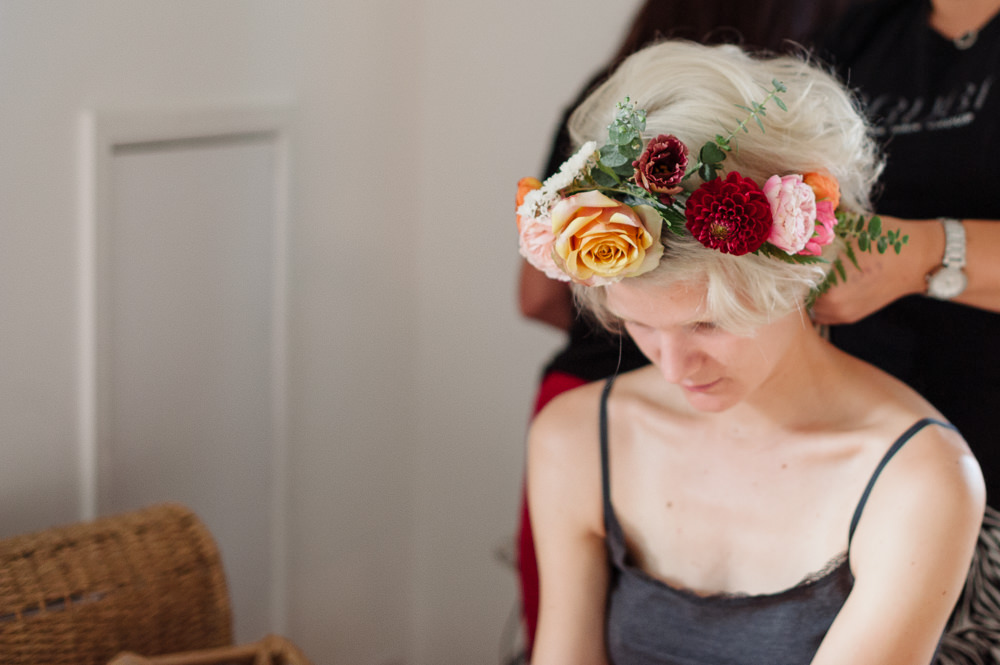 Bride Bridal Bridesmaids Flower Crown Red Orange Dahlia Rose Rock Wedding Cornwall Robin Studios