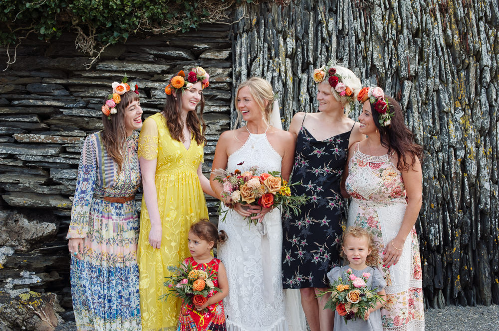 Mismatched Bridesmaid Bridesmaids Dress Dresses Flower Crowns Rock Wedding Cornwall Robin Studios