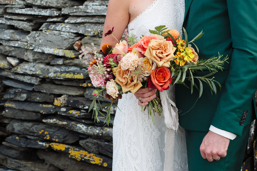 Bouquet Flowers Bride Bridal Orange Yellow Rose Dahlia Rock Wedding Cornwall Robin Studios