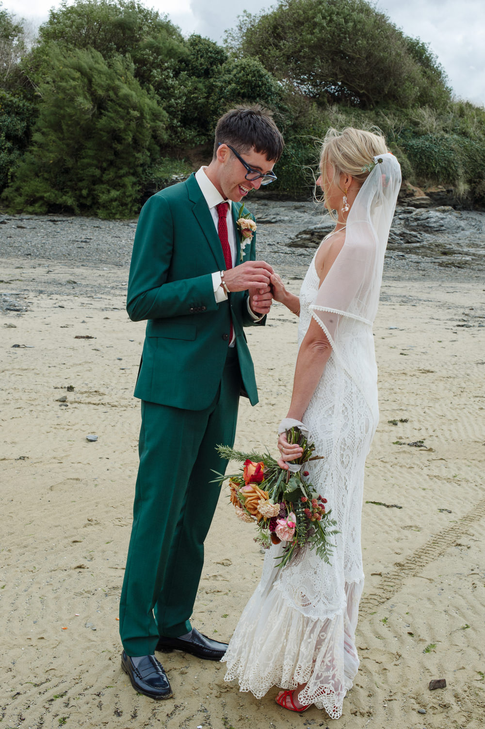 Groom Suit Green Red Tie Rock Wedding Cornwall Robin Studios