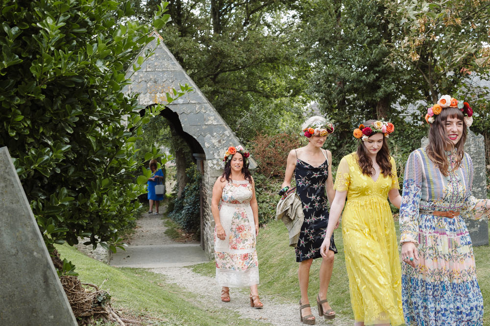 Mismatched Bridesmaid Bridesmaids Dress Dresses Flower Crowns Rock Wedding Cornwall Robin Studios